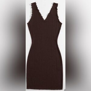 Brown lettuce trim rib-knit bodycon dress
